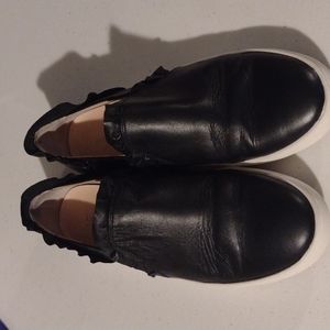 Kate Spade Black Leather Loafers with Ruffle Trim